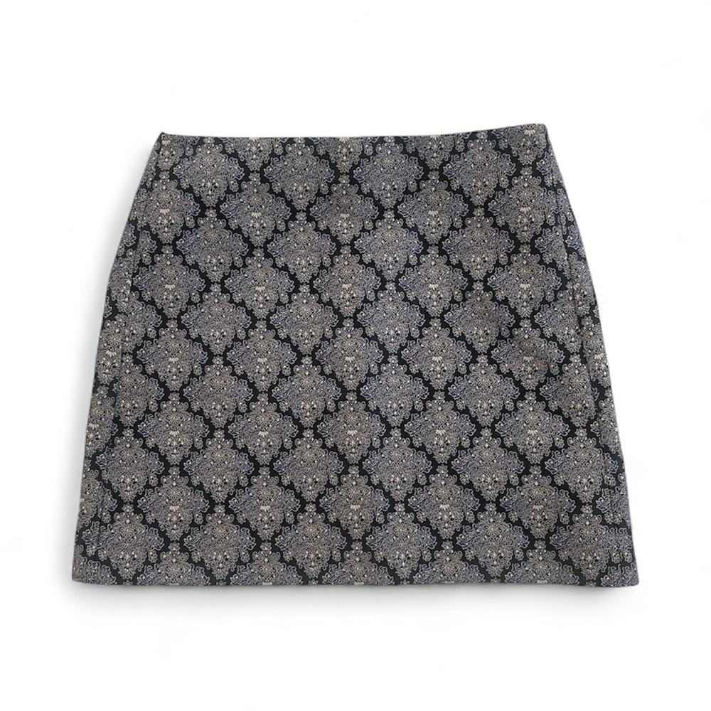 LOFT Black and grey paisley print mini skirt‎ with zipper detail size 8